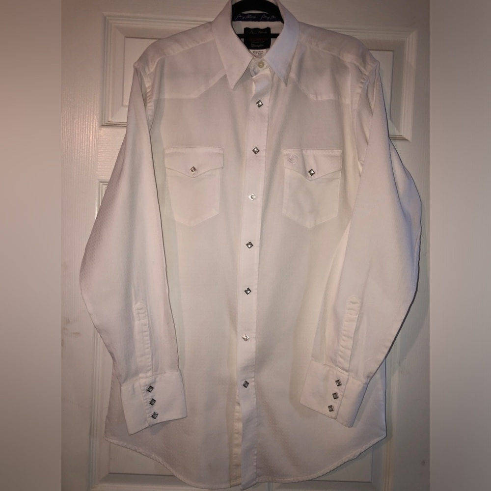 PREOWNED GeorgeStrait Troubadour Men Pearl Snap Shirt White Herringbone Wrangler